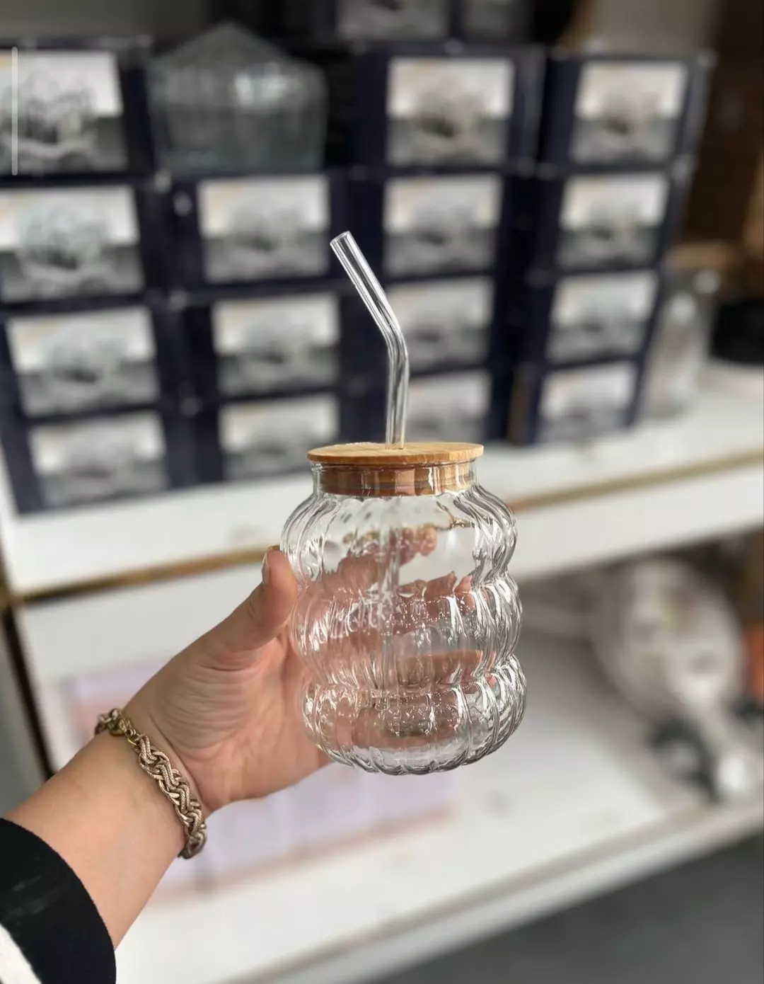 لیوان شیشه ای اسموتی درب چوبی